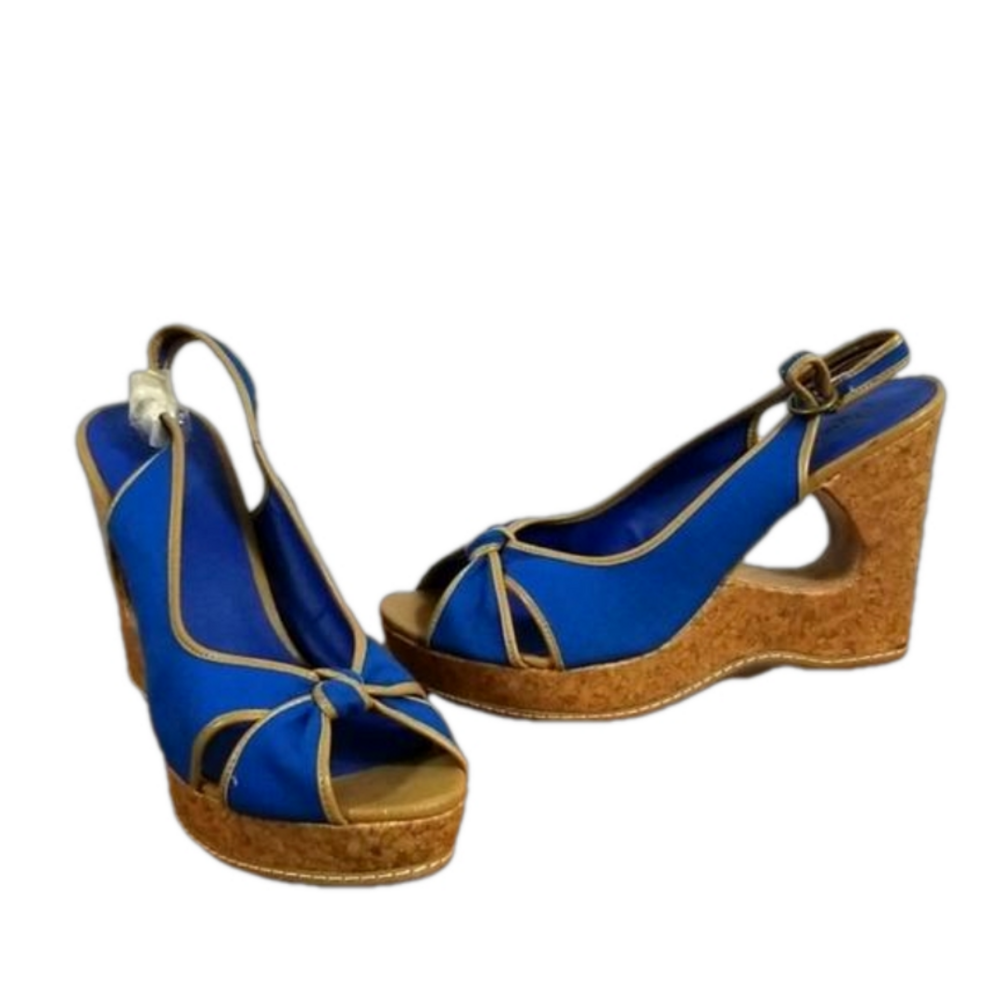 Miss Bison - Blue Brown Cork Wedge Sandals | Size: 10 M